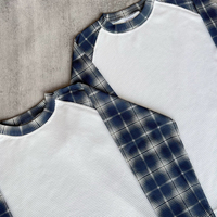 Camiseta de punto gofrado con manga raglán para hombre Squirorkop, diseño a cuadros en contraste, cuello redondo, estilo casual urbano
