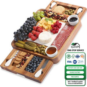 Plateau <span class=keywords><strong>de</strong></span> service rustique en bois d'acacia avec tiroir magnétique, double face, plateau en <span class=keywords><strong>marbre</strong></span> et couteau à fromage, idéal pour les fêtes - Product Image 1