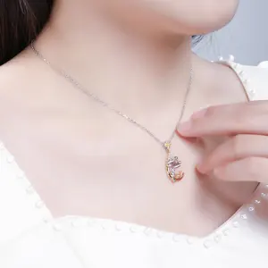 HAIKE Original 925 Sterling Silver Plated Gold Double Color Zircon Moon Osmanthus Jade Rabbit New Necklace For Women