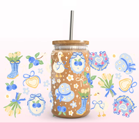 Tropical Bloom Hibiscus Floral Design Fleur D'été UV DTF Wrap Étanche Plastisol Verre Peut Envelopper Rouge Jaune Menthe pour Les Vacances
