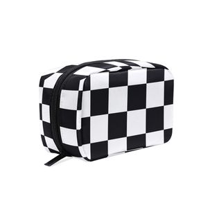 Pochette de maquillage personnalisée à carreaux noirs et blancs, sac cosmétique à damier, sac de toilette portable pour femmes, idéal pour les voyages - Product Image 1