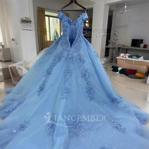 Jancember ANY26 elegantes lentejuelas azules 3D floral noche Quinceañera vestidos para niña - Product Image 3