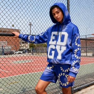 Ensemble survêtement décontracté 2 pièces pour homme, style streetwear, avec logo personnalisé, impression flocage, tie-dye, coupe oversize à épaules tombantes, comprenant un sweat à capuche et un pantalon de jogging - Product Image 3