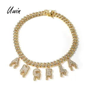 UWIN Custom Drip CZ Initial Letter charm Bracelet necklace DIY Initial Name 12mm Cuban Link Chain Necklace Women Men