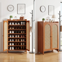 Honvidora Meuble à chaussures autoportant moderne de luxe léger en bambou à deux portes et plusieurs niveaux, grande capacité de rangement pour l'entrée de la maison