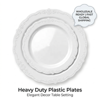 Assiettes de fête en plastique PS robustes, bord doré rétro, 10,25 et 7,5 pouces, jetables, pour salades, desserts, dîners, mariages et traiteurs