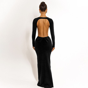 Vestido Maxi sin Espalda con Detalle de Lazo, Manga Larga, Elegante Vestido de Noche, Color Sólido, Cintura Natural - Product Image 4