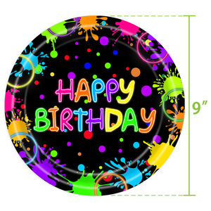 Vaisselle de fête sur le thème du néon, assiettes en papier, gobelets, serviettes, fournitures de fête d'anniversaire néon, jetables, pour usage en intérieur - Product Image 3