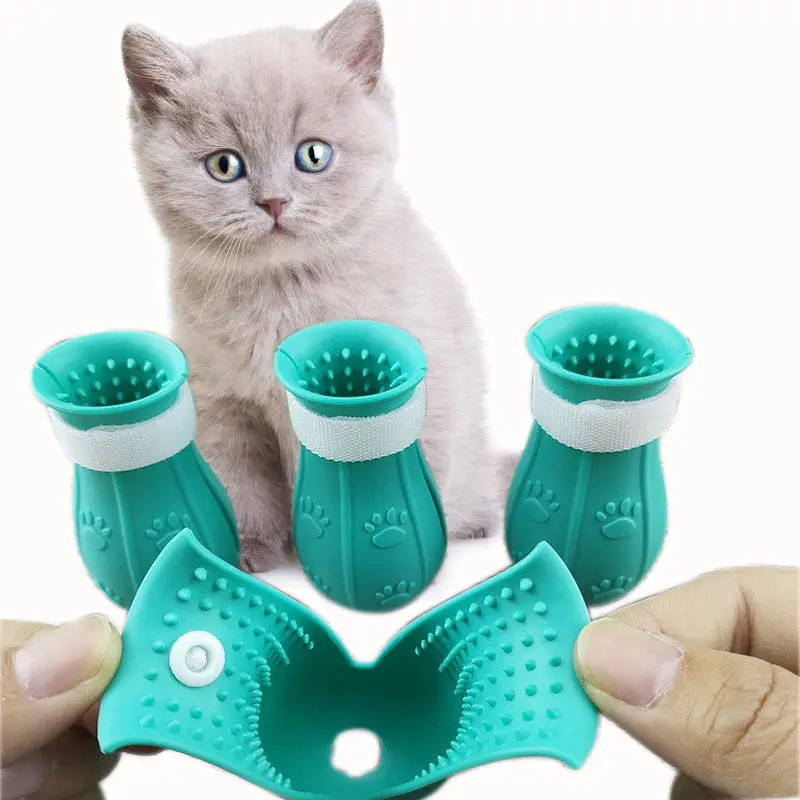 Pie de gato ultifuncional para gato, zapatos de silicona antiarañazos para gato, para bañarse y cortar uñas