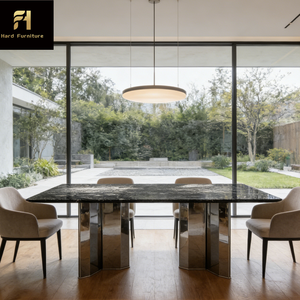 Tavolo da Pranzo di Lusso Moderno per 6 Persone in Acciaio Inossidabile e Marmo con Piano a Specchio Riflettente per Uso Alberghiero - Product Image 1