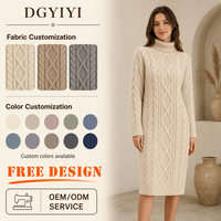 Robe en tricot de coton premium opaque 320 GSM, col cheminée, style Aran, douce et confortable, manches longues, longueur genou, pour femme, avec logo personnalisé OEM