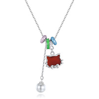 Collier tendance chat mignon pour filles et femmes, avec chaton incrusté d'agate rouge, pendentif en forme de beignet, plaqué or, cadeau