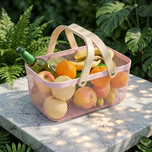 Panier de rangement en fil métallique avec poignées en bois, bac de rangement en maille pour fruits, pour cuisine, garde-manger, rangement domestique - Product Image 1