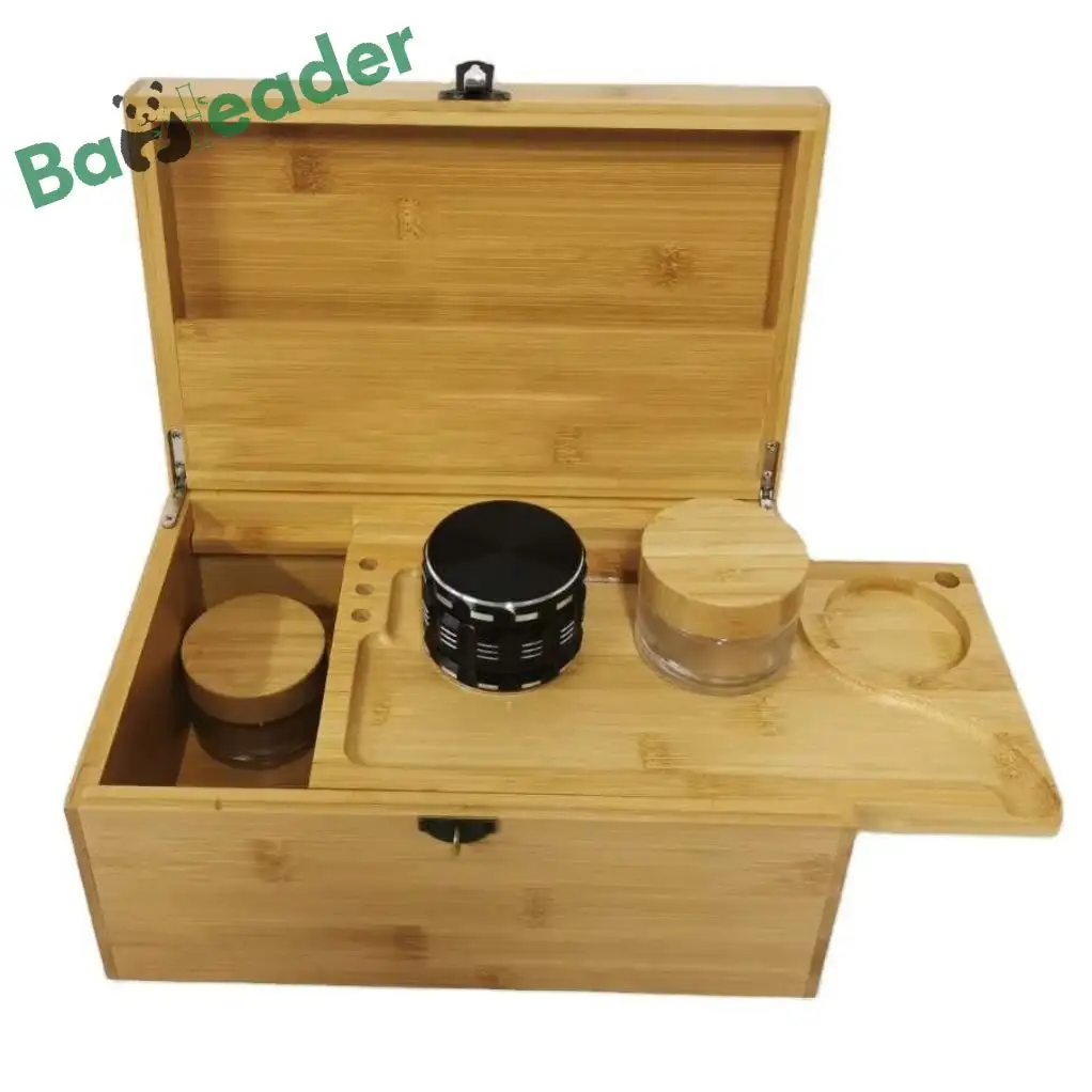 Eco-friendly Sliding Rolling Tray Large Stash Box 100% Bamboo With Grinder Stash Box with Rolling Tray Box Storage With Lock