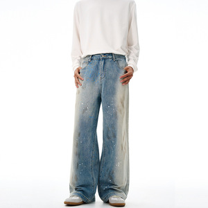 Celana <span class=keywords><strong>Jeans</strong></span> Pria Gaya Amerika Trendy Merk Ternama Buatan Tangan Motif Percikan Cat Kotor Celana Wanita Model Boot Cut Vintage Serbaguna - Product Image 1