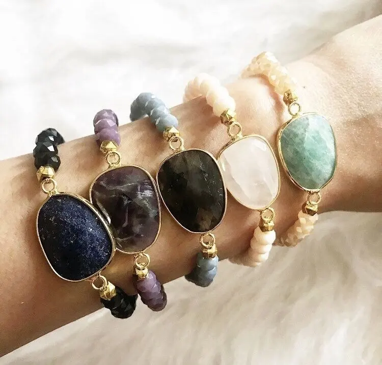 LS-A648 แฟชั่นธรรมชาติอัญมณีลูกปัดสร้อยข้อมือ Amethyst labradorite Amazonite Charms สร้อยข้อมือเครื่องประดับ 2020