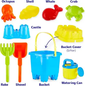 Toptan plastik plaj kum oyuncakları kova seti elek, kürek, tırmık, sulama kovası, 5 hayvan ve kale kum kalıpları