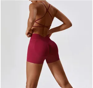 G TOP fashion sexy women yoga fitness wear back cross sports bra v cut shorts workout sets seamless gym clothing