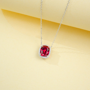 Collier pendentif en argent sterling 925 avec rubis de laboratoire taille coussin, halo avec accents de diamants, bijoux fins pour femmes - Product Image 5