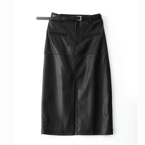 3360 Wholesale Price Solid Color Front Split Straight Style Long Black Leather Skirt for Women