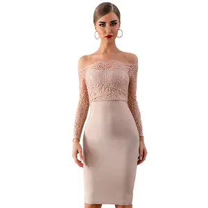 S1551 Feminine Trendy High Quality Off The Shoulder Full Sleeves Lace Sexy Bandage Dress