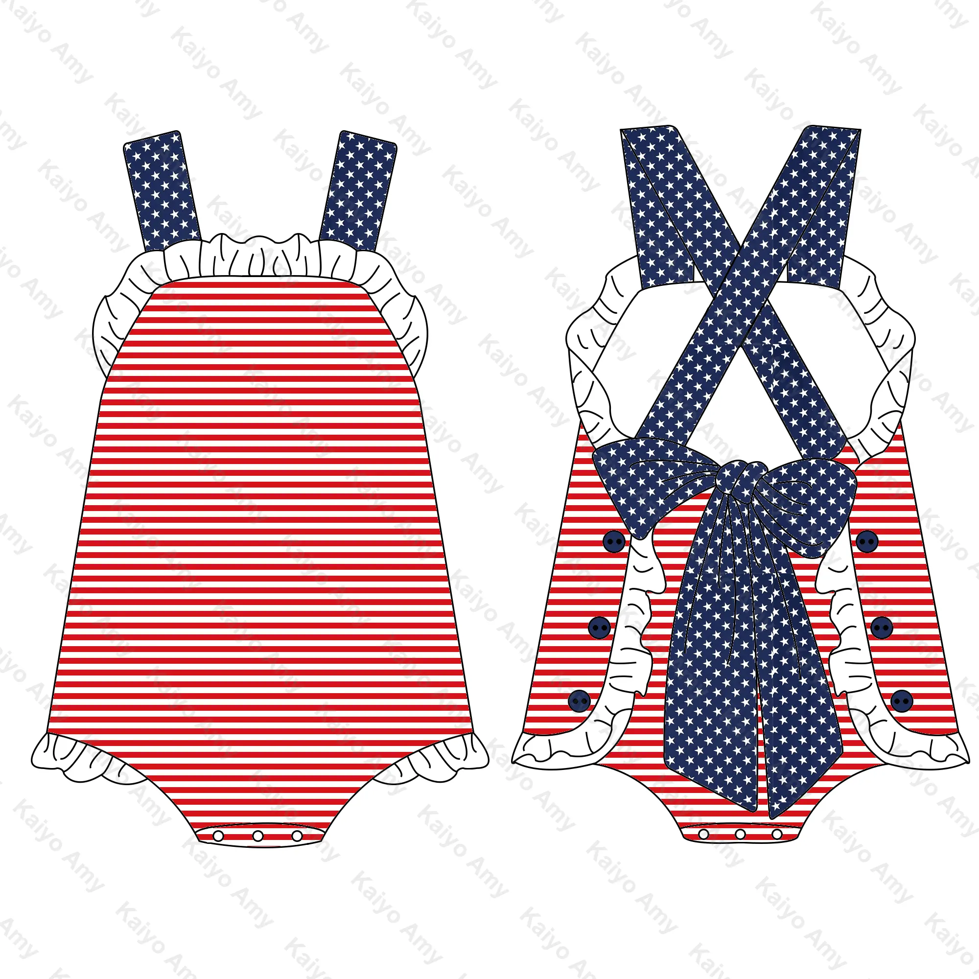 baby summer ruffle sunsuit spaghetti strap 4th of July red stripe and star baby girls bubble romper set