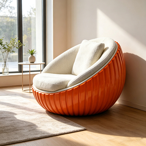 Sillón individual de fibra de vidrio naranja con nervaduras verticales, cojín de bouclé color crema, redondo y cerrado, para sala de estar - Product Image 3