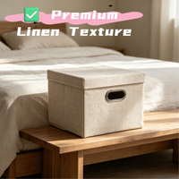 Boîte de rangement en tissu de lin avec couvercle, bac de rangement pliable pour placard avec poignée en métal, cube de rangement pliable anti-poussière pour la maison