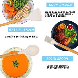 New Custom Marble Speckled <b>Silicone</b> Kitchenware Wooden Handle Cooking Utensil Set - Product Image 3