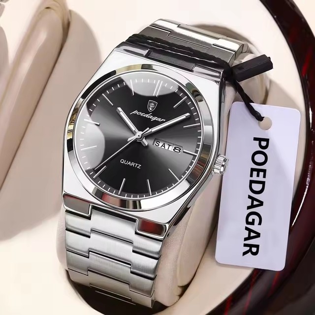 POEDAGAR Luxury Men Gold Quartz Watch Waterproof Stainless Steel Luminous Date Week Display Casual Business Style Male Watches