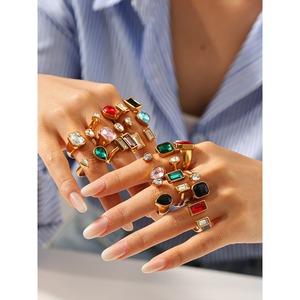 时尚 18K 镀金不锈钢几何多色锆石开口指环女式日常聚会时尚首饰 - Product Image 1