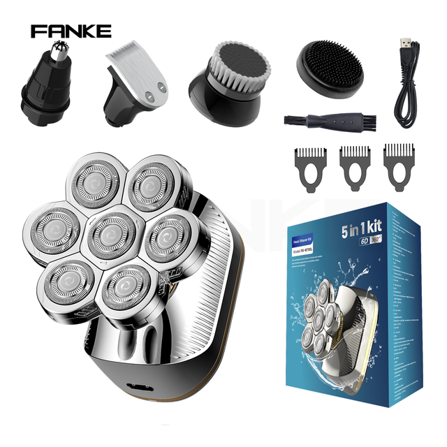 Fanke 7D Rotating Men's Electric Shaver 5-in-1 5-Blade IPX6 Waterproof Battery-Powered Cordless Bald Shaver