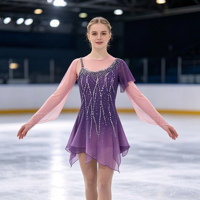 Robe de patinage artistique dégradé violet-rose avec strass et manches longues évasées en maille pour la compétition et les spectacles des adultes et des enfants
