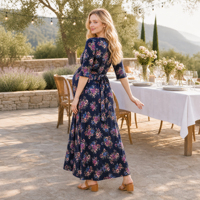 Robe longue de maternité et d'allaitement à col en V, motif floral, manches mi-longues, croisée avec lien à nouer à la taille pour femmes enceintes
