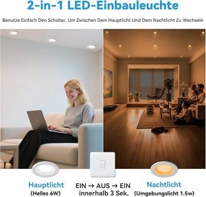 ไฟดาวน์ไลท์ LED แบบฝัง 8 ชิ้น 6W 3000K-6000K เลือกอุณหภูมิสีได้ พร้อมไฟกลางคืน รีโมทคอนโทรล IP44 สำหรับใช้ในบ้าน - Product Image 2