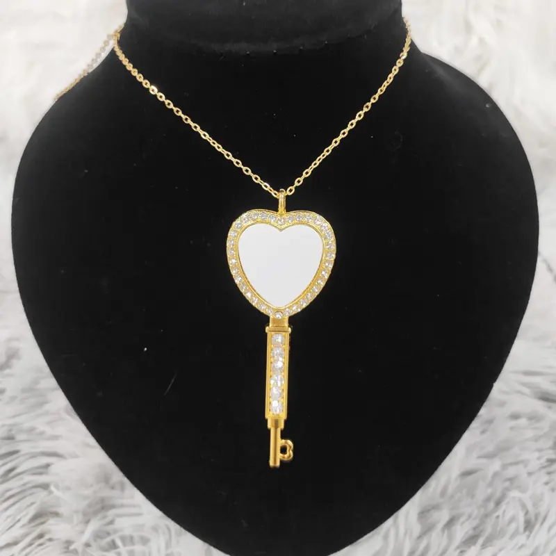 RubySub DIY Custom Necklace Jewelry Sublimation Rhinestone Heart Key Necklace Pendant