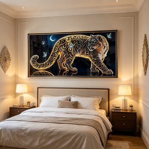 Factory Sales Arabian Style Golden Scrollwork Leopard Wall Art LED Wall Decor Islamic Home Hotel Crystal Porcelain Painting - Product Image 2