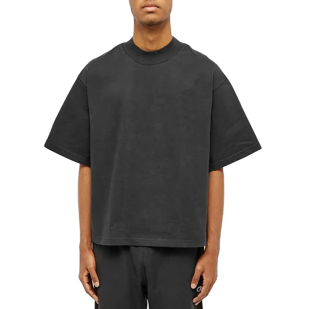 Custom Design Logo Herren gewaschen Kurzarm gerippt Mock Neck schwarz übergroße T-Shirts