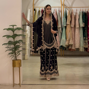<b>Women</b> Black Gold Embroidered <b>Kurta</b> Palazzo Dupatta Set Floor Length Traditional Salwar Suit Wedding Ethnic - Product Image 1
