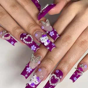 Reutilizável Longo Caixão Roxo 3D Olá Kitty Borboleta Coração Pérolas Prego Dicas Gel Polonês Abs Imprensa On Nails 24pcs Unhas Falsas