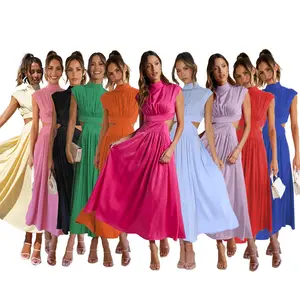 2024 niñas verano gran oferta nuevo Casual Color sólido dulce moda calle verano cuello alto Color macarrón vestido largo