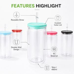 Stylish Clear Transparent 16oz Double Wall <b>Plastic</b> Mason Jar with Lid Straw for Takeaway Delivery Bubble Tea - Product Image 5