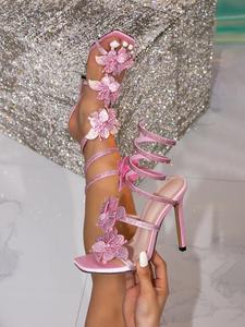 Sandalias de tacón alto con punta cuadrada y diseño en espiral con flores y diamantes de imitación para mujer, ideales para bodas y fiestas. - Product Image 2