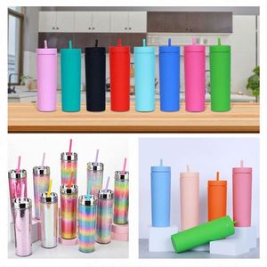 Vasos Acrílicos Mate Delgados de Doble Pared de 16oz con Logotipo Personalizado DIY, Vasos Reutilizables Rectos y Delgados con Tapa y Pajita - Product Image 5