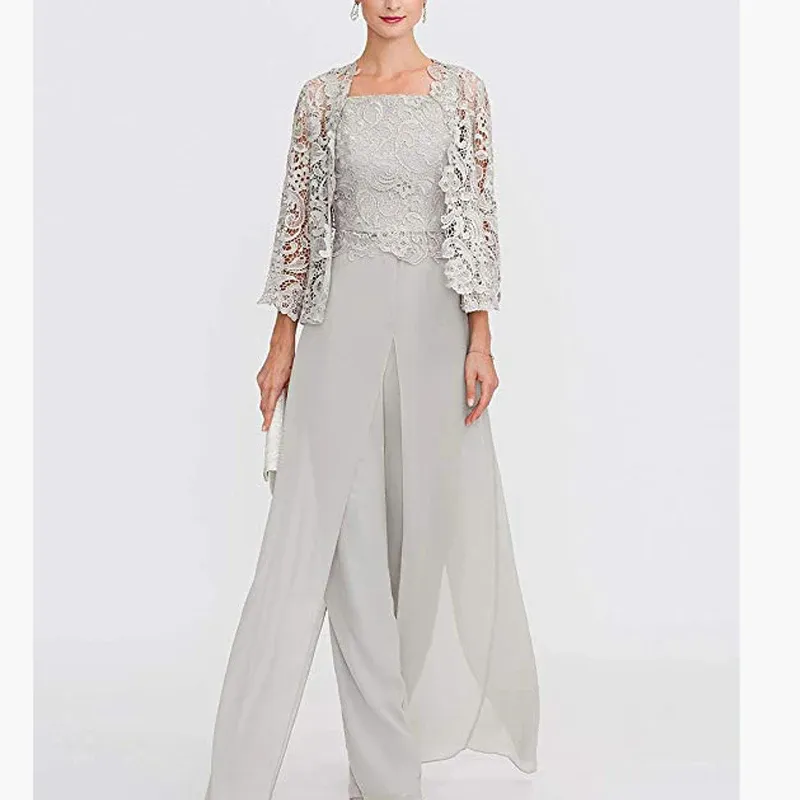 Mumuleo Gray Mother of the Bride Suits Chiffon Appliqued Long Sleeve Groom Dresses With Jacket 3 Pieces Plus Size Wedding