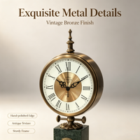 Horloge de table vintage en marbre, cadran en bronze antique avec chiffres romains, mouvement silencieux à quartz, décoration de luxe pour la maison, idéale comme cadeau