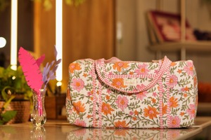 Hand Block Printed Cotton Duffel <b>Bag</b> <b>for</b> Orange Floral Design Handmade <b>Travel</b> <b>Tote</b> Eco-Friendly <b>Large</b> Capacity Durable Jaipur - Product Image 3