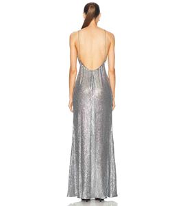 Abito Lungo da Sera da Donna di Lusso Argento con Paillettes, Scollo a V Profondo, Spalline Sottili, Stile Sirena, per Cerimonie e Feste (Ideale per Invitate a Matrimoni) - Product Image 3