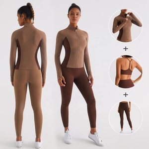 Ensemble de sport trois pièces pour femme Lu, taille haute, respirant, couleur nude, motif uni, pour la salle de sport, la course à pied en plein air, le yoga - Product Image 1