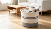 Panier de rangement en corde de coton avec poignées, panier à linge tressé, bac de rangement décoratif rayé pour chambre d'enfant, chambre à coucher, maison